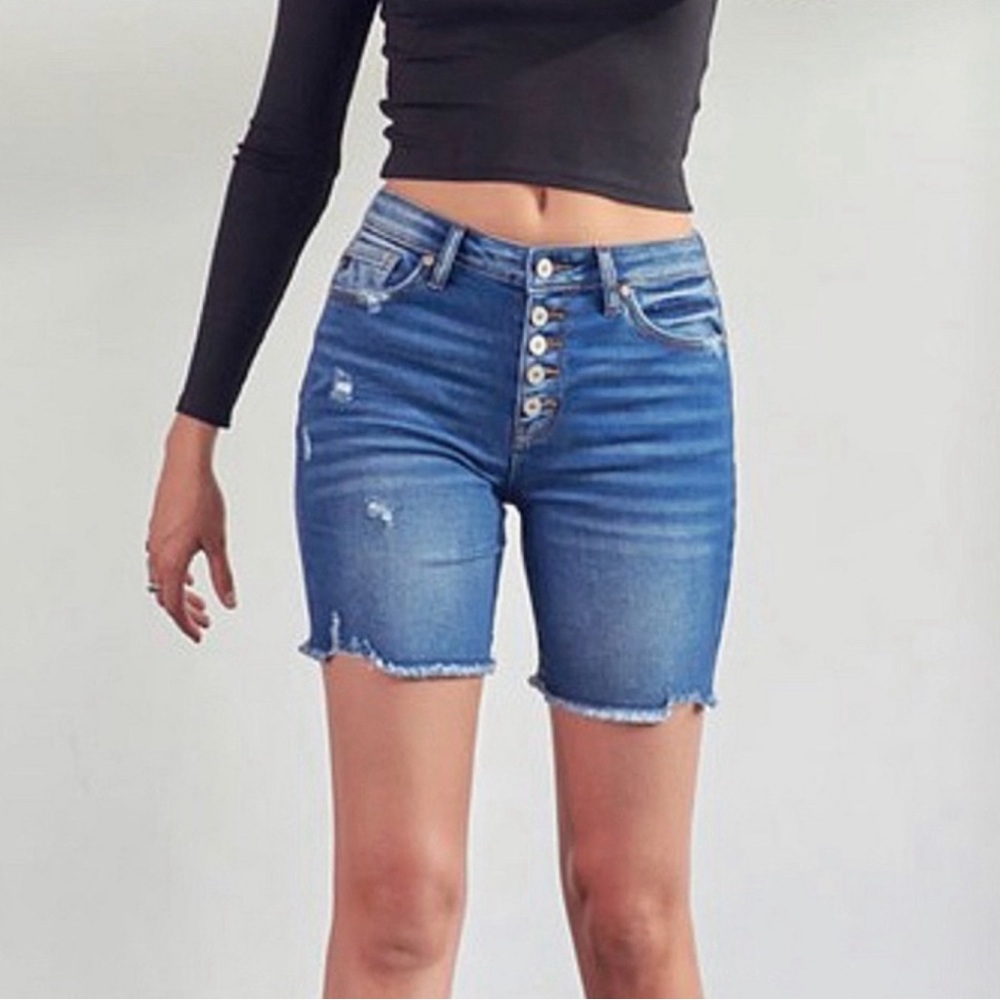 KanCan High Rise Button Fly Frayed Hem Denim Jean Long Shorts Women’s Sizes NWT